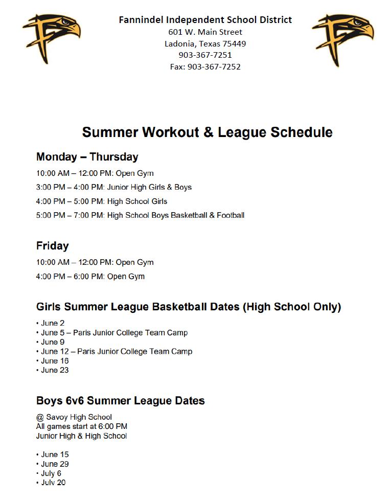 2026 Summer workout and League schedule