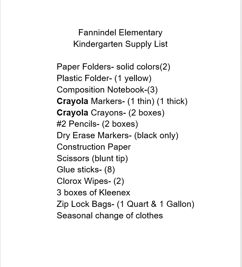 Kindergarten Supply List