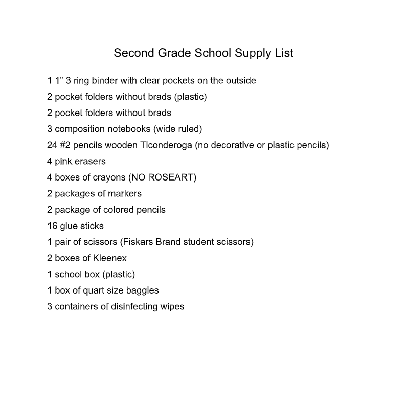 2nd Grade Supply List
