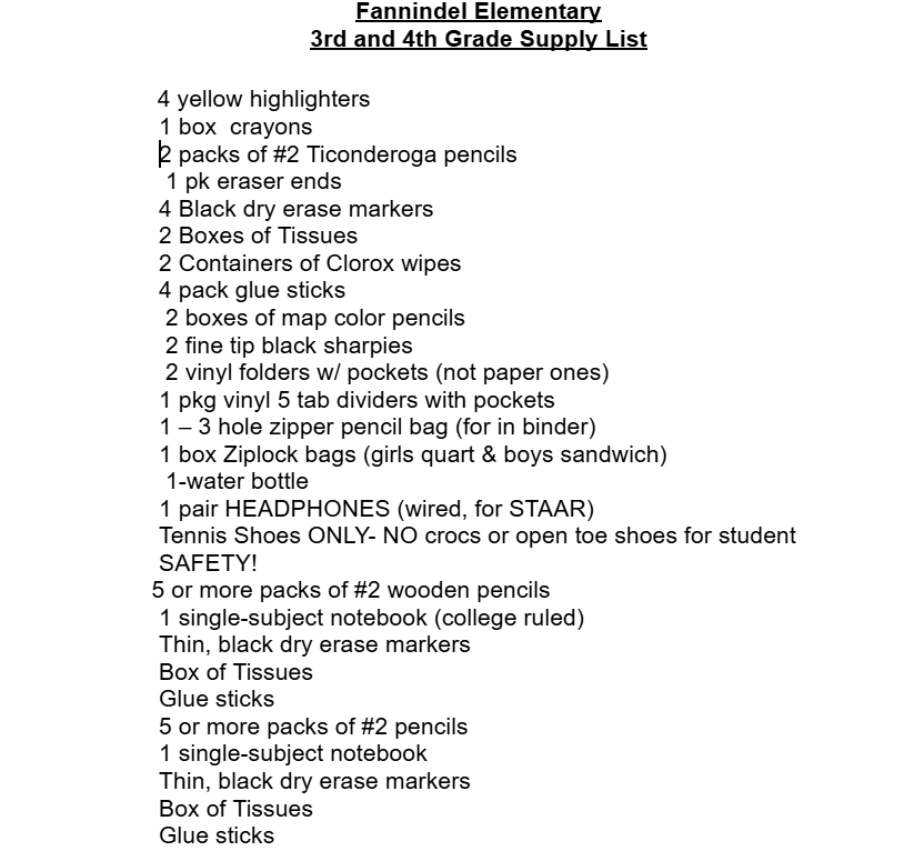 3rd and 4th Grade Supply List
