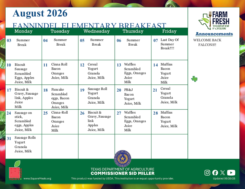 August 2026- Elementary Breakfast Menu