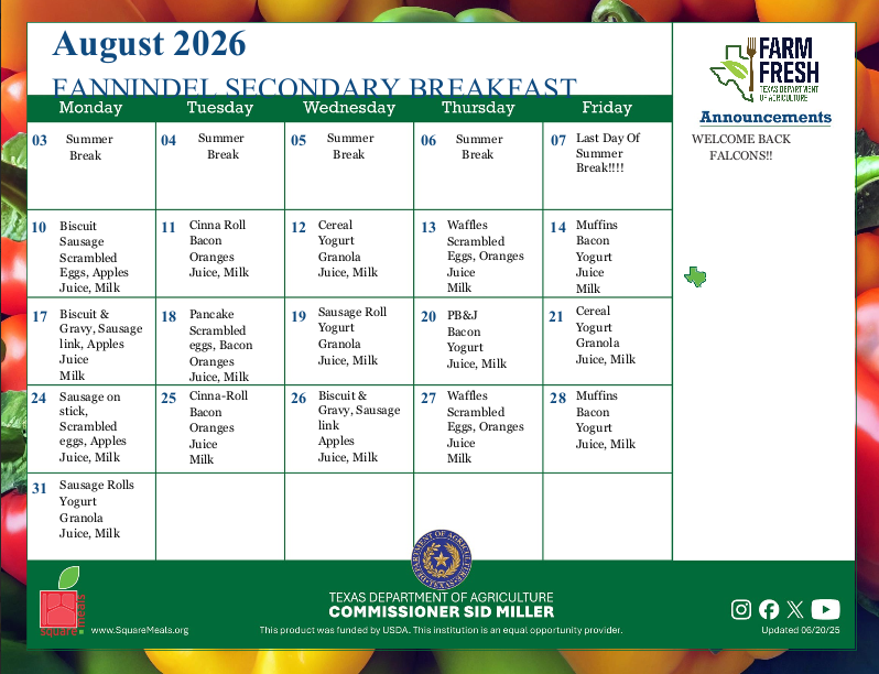August 2026- Secondary Breakfast Menu