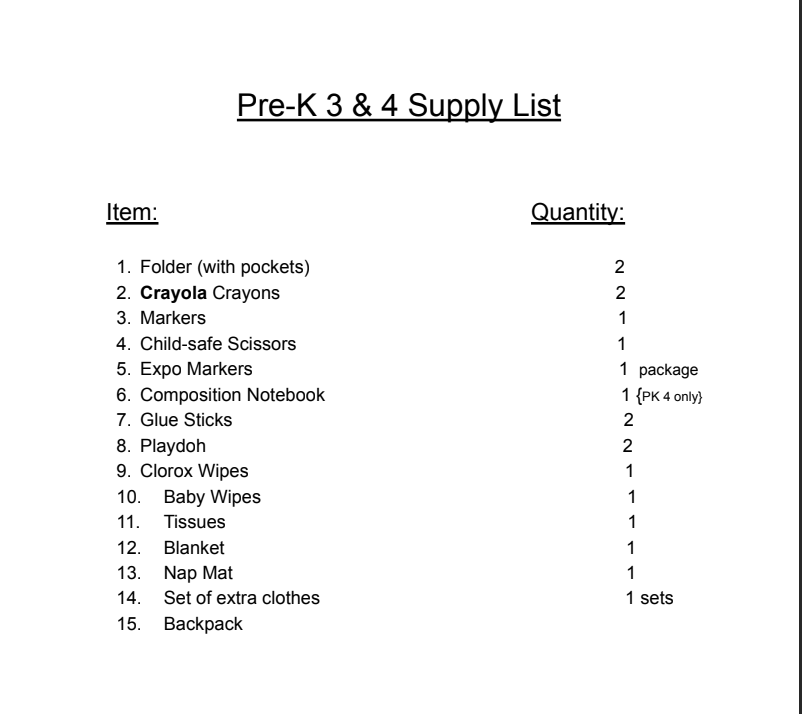 Pre-K 3 & 4 Supply List
