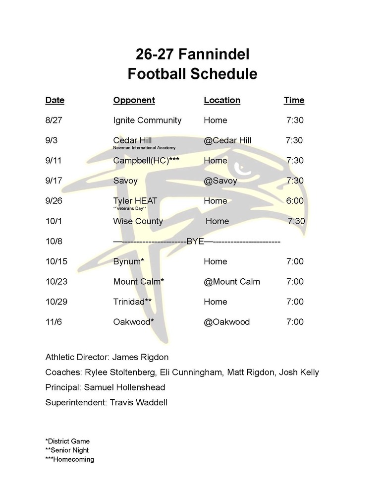26-27 Fannindel HS Football Schedule