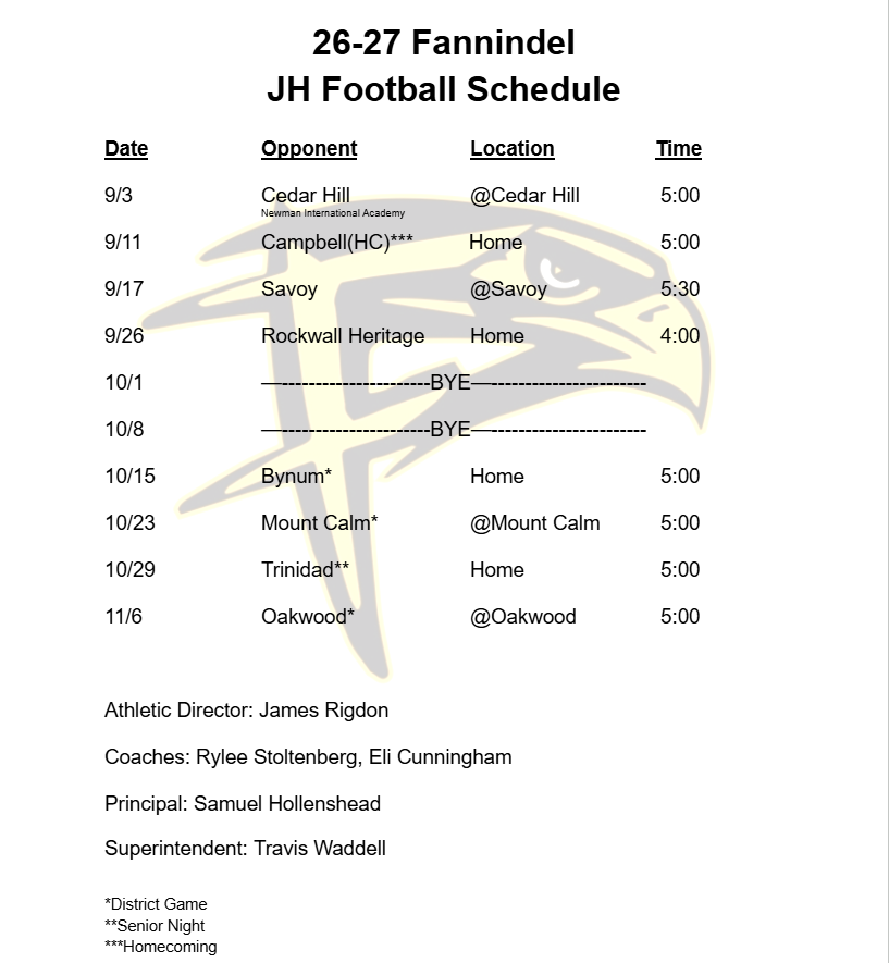 26-27 Fannindel JH Football Schedule