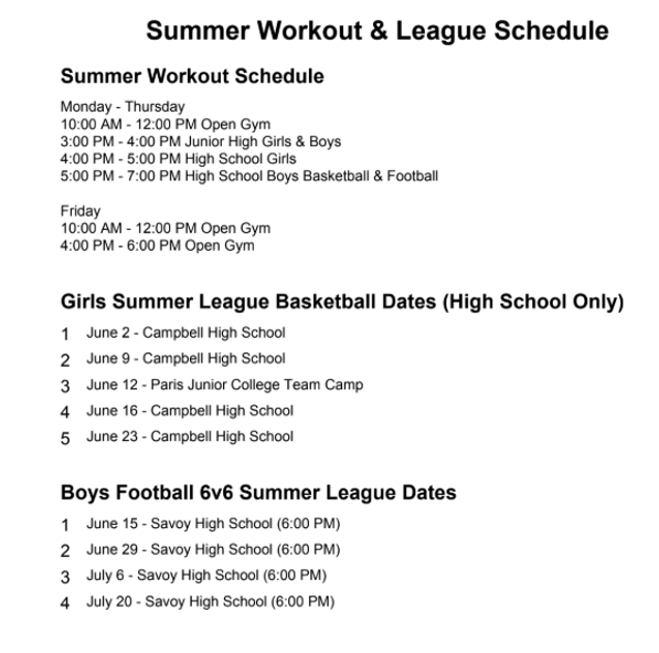 Summer League Schedule