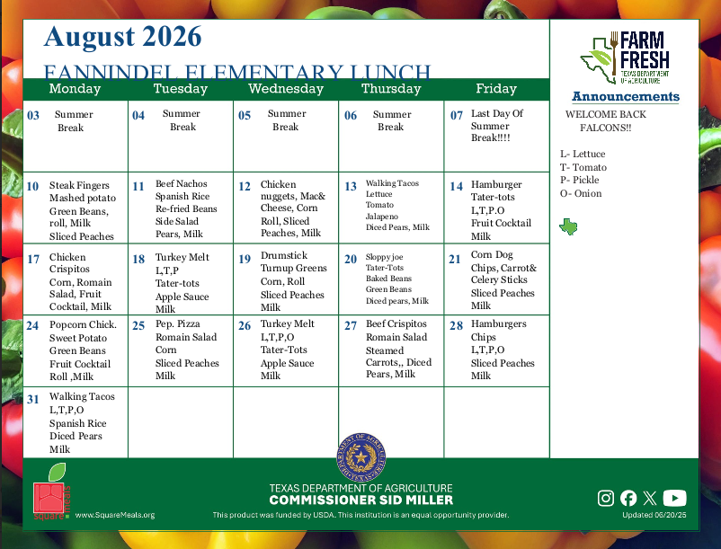 August 2026- Elementary Lunch Menu