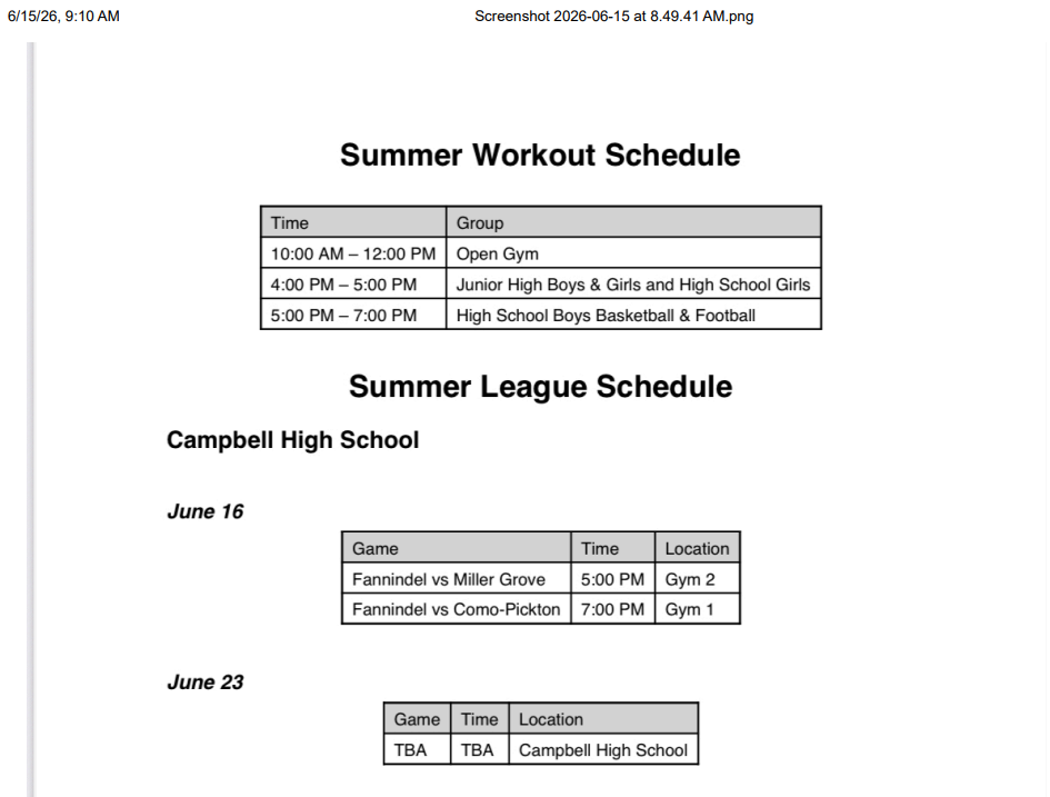Updated Summer Workout and League Schedule
