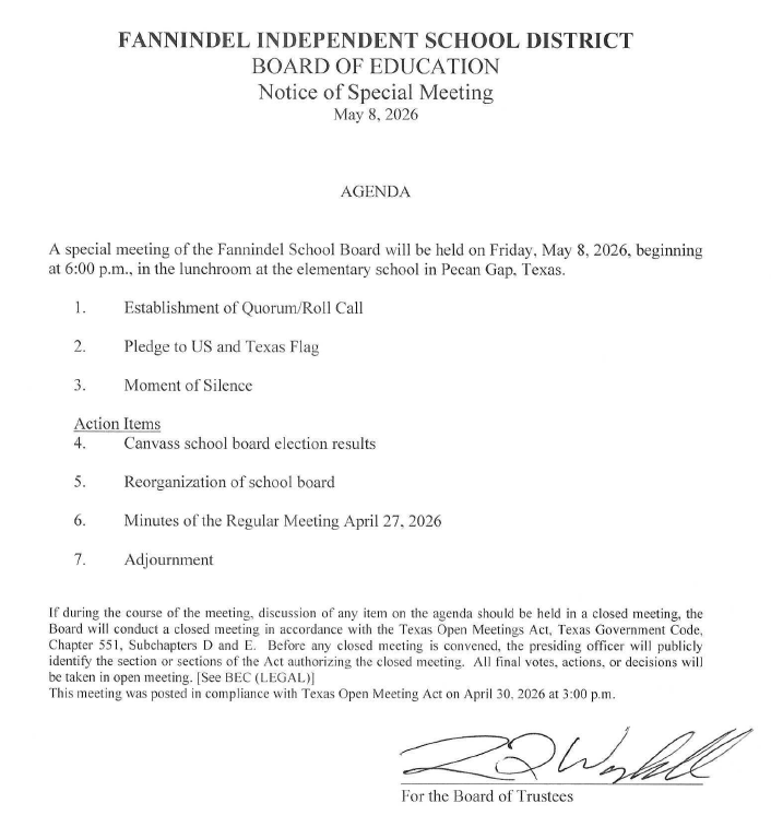 Special Board meeting Agenda for 8 May 2026 at 6:30 pm at the Elementary Cafeteria in Pecan Gap. 