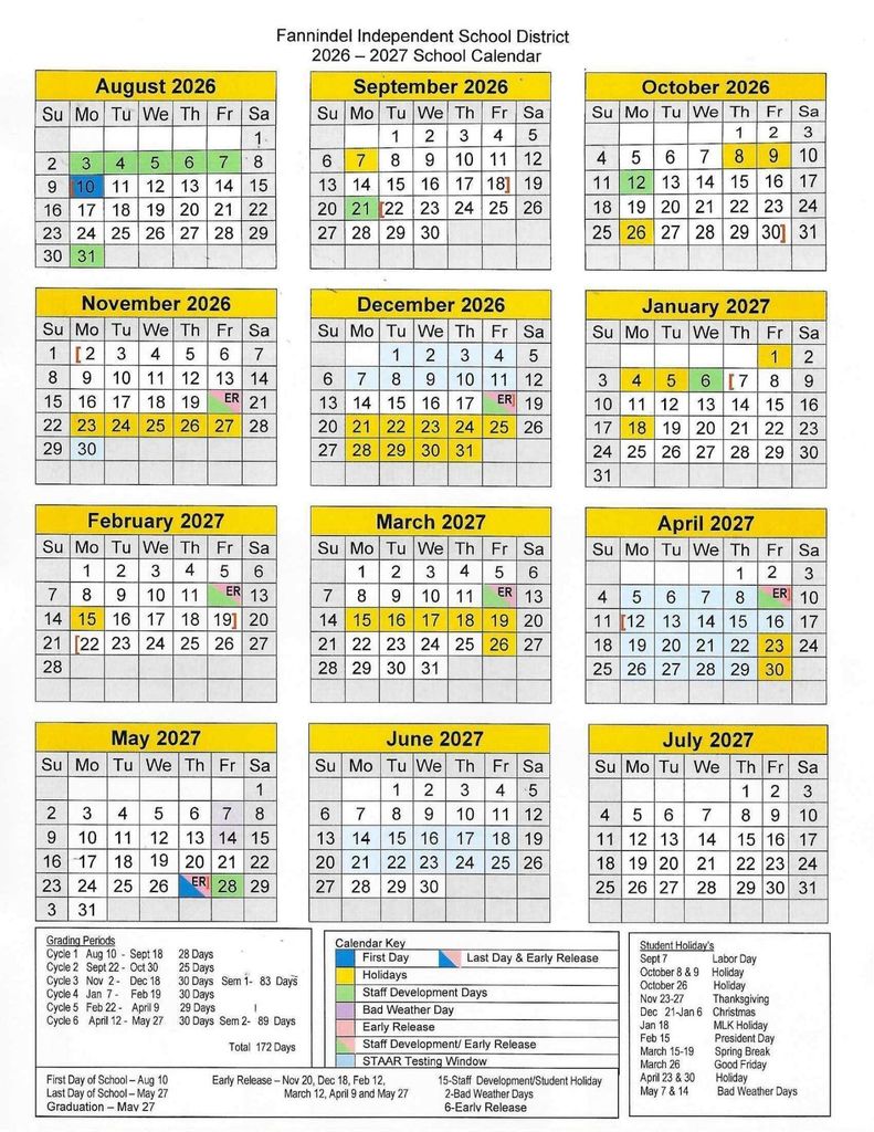 2026-2027 Approved Fannindel ISD school calendar