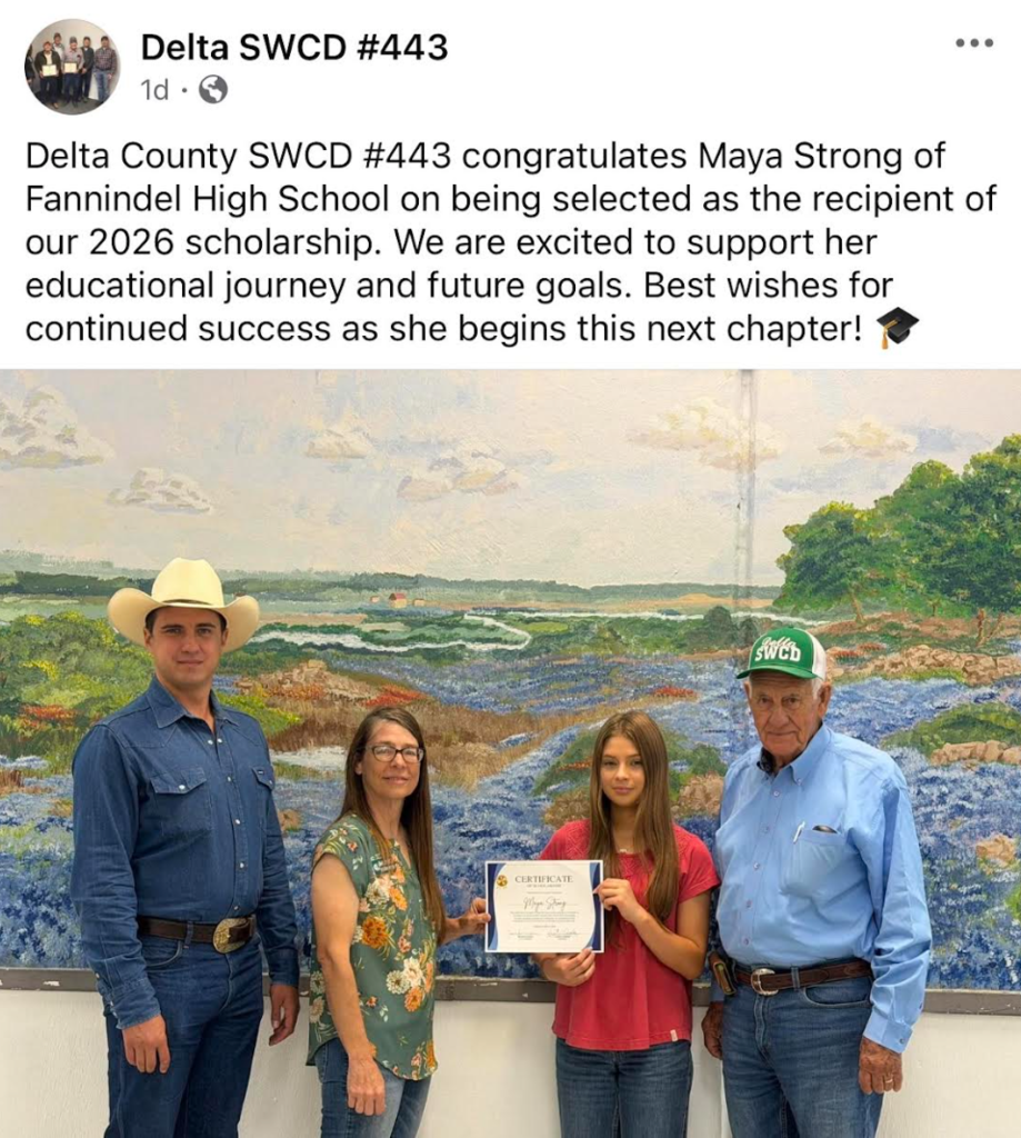 Maya Strong being presented with a scholarship by Delta County SWCD