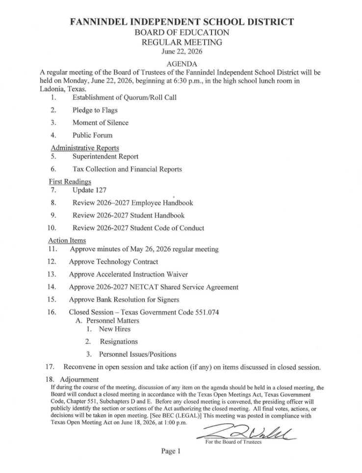 Board Agenda 06/22/2026