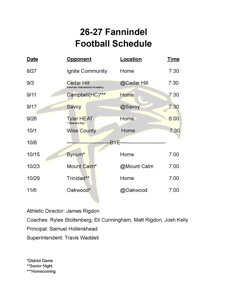 26-27 Fannindel HS Football Schedule