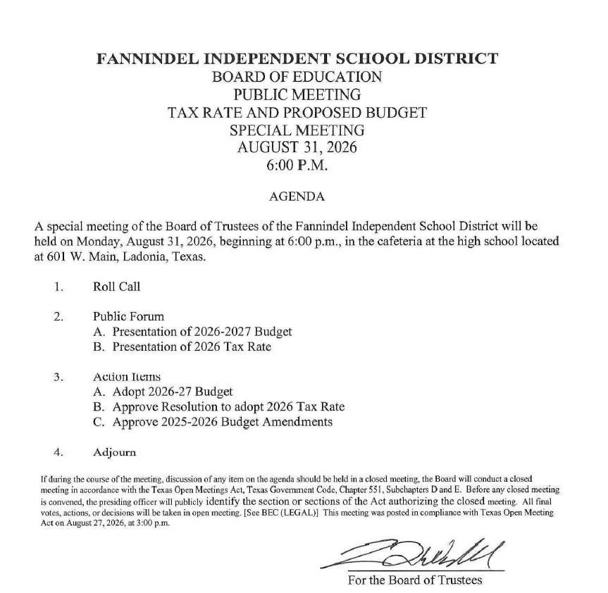 Special Board meeting Agenda for 6:00 pm 8-31-2026
