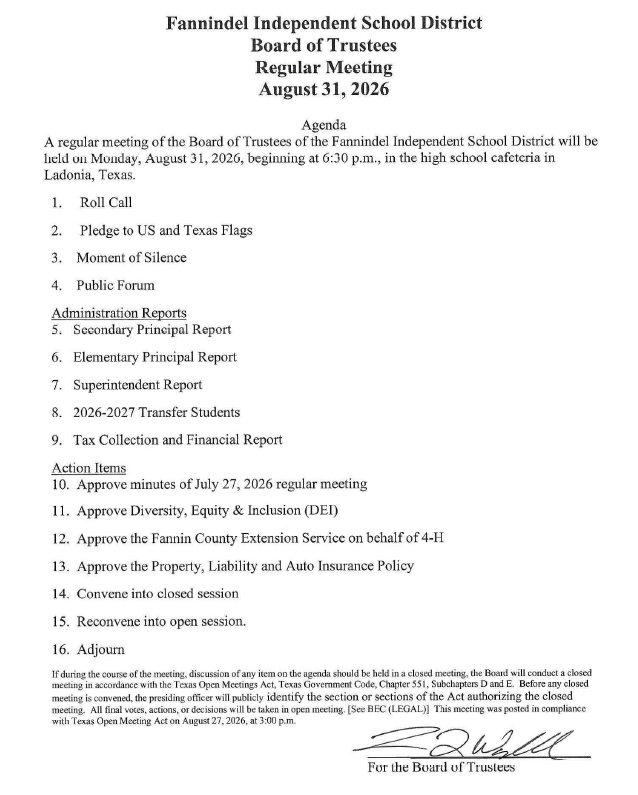  Board meeting Agenda for 6:30 pm, 08-31-2026