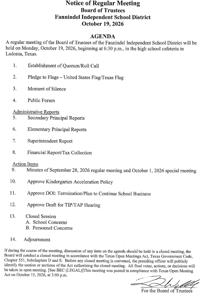 19 October 2026, board meeting agenda 