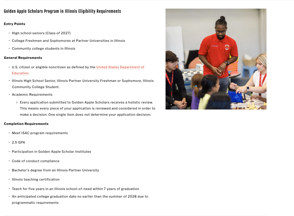 Golden Apple Scholar general requirements and completion requirements are listed.