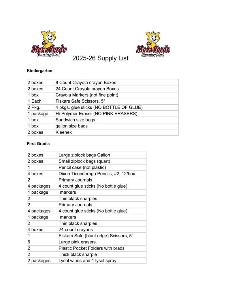 School supply list 