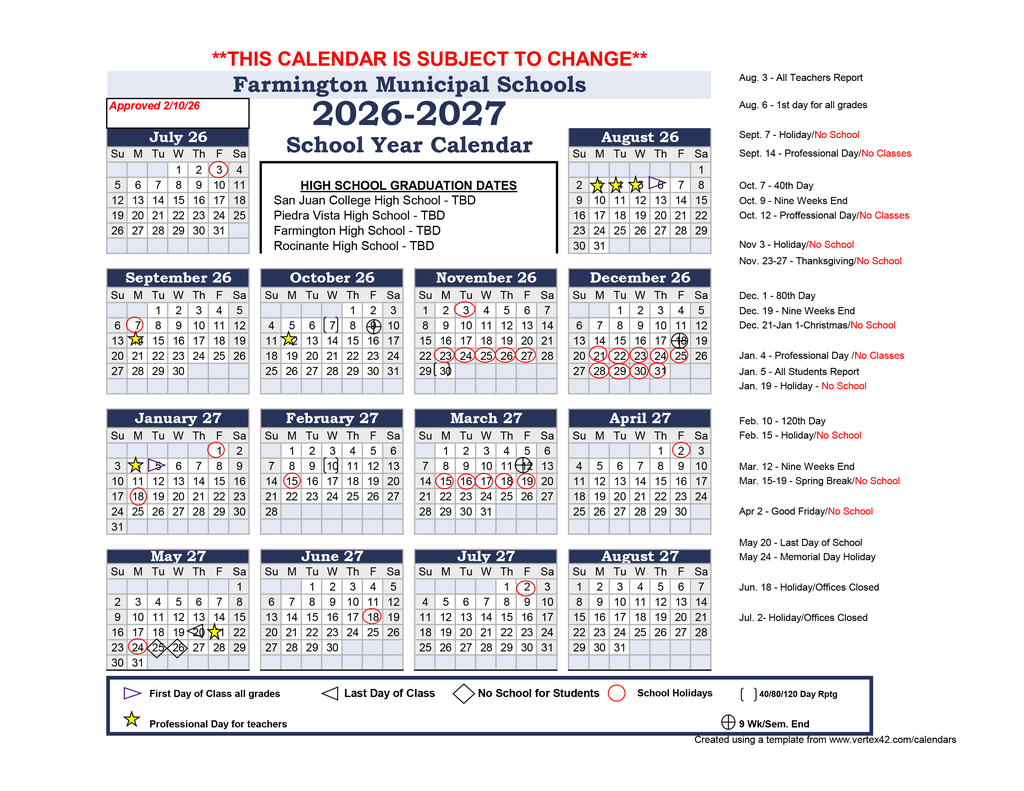 Dear FMS Families and Staff,  The FMS Board of Education approved the 2026-2027 Academic Calendar on February 10. We’re sharing this now so you can begin planning ahead for the upcoming school year.  Please note that graduation dates for 2027 and other updates will be added at a later time. We will share the revised version with you as soon as those details are finalized.