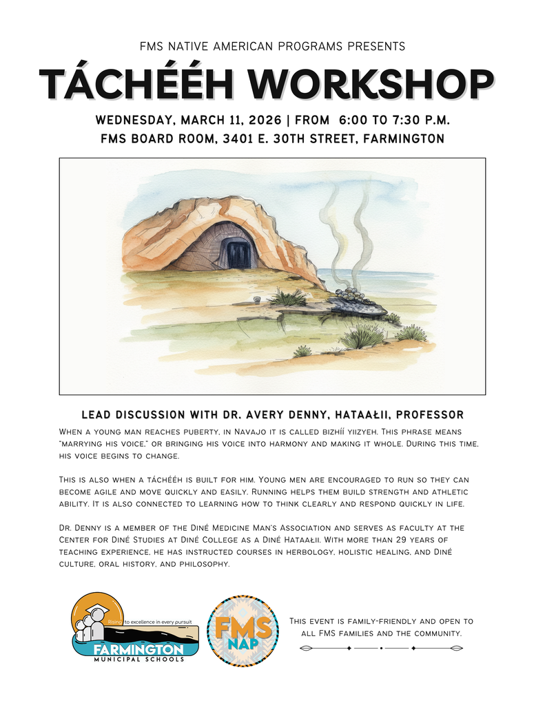 Nihaadiinááł (You’re invited)! Join us for a Táchééh Workshop on March 11 from 6:00-7:30 p.m. in the FMS Board Room. The discussion will be led by Dr. Avery Denny, Hataałii Professor. We look forward to seeing you there!