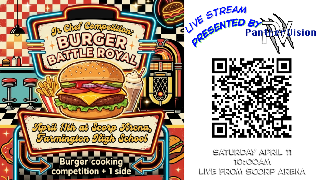 FMS families and staff, you're invited to join us for the Jr. Chef Competition this Saturday at Scorpion Arena! The event kicks off at 9:00 a.m. Can't make it in person? Tune in via our Livestream by scanning the QR code below.