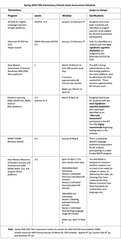 Spring 2026 State Assessment Schedule – Elementary School Schedule