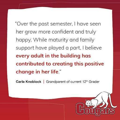 Testimonial from Carla Knoblock praising the positive impact of adults on her 12th grader's confidence and happiness over the semester.