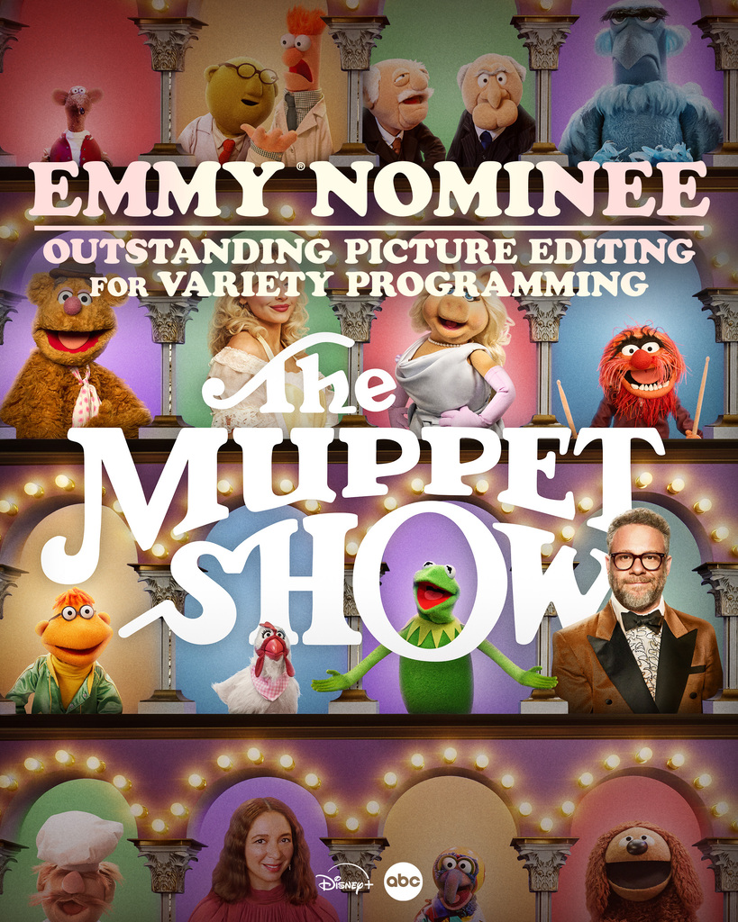 The Muppet Show cast with Kermit and host posing under Emmy nominee text for picture editing in variety programming.
