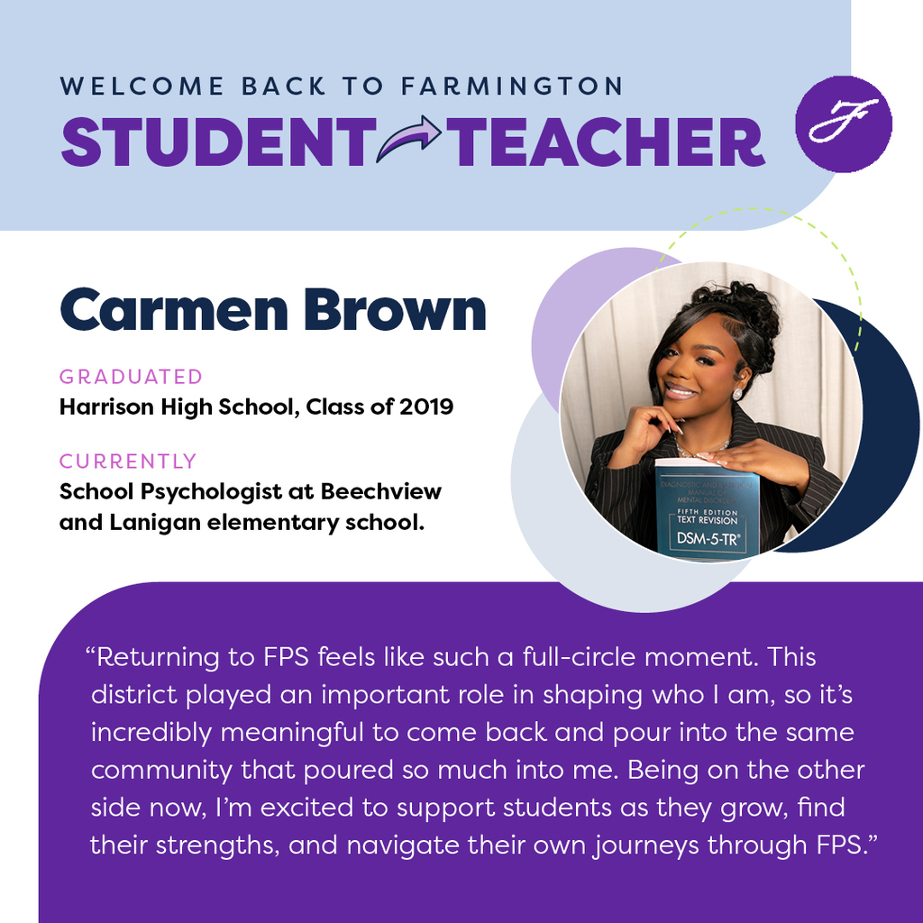 Portrait of Carmen Brown holding a DSM-5-TR book, smiling, with text about her role as a school psychologist at Beechview and Lanigan elementary schools.