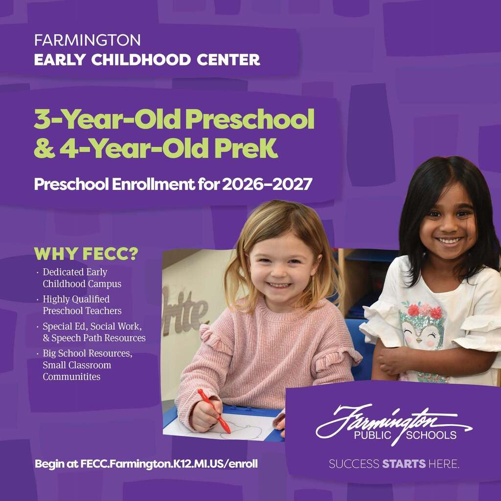 Two smiling young girls, one drawing with a red marker, promoting Farmington Early Childhood Center's 3- and 4-year-old preschool enrollment for 2026-2027.