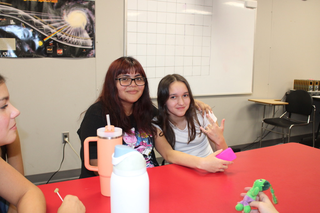 Two girls smiling for the photo, hugging with one holding up a peace sign