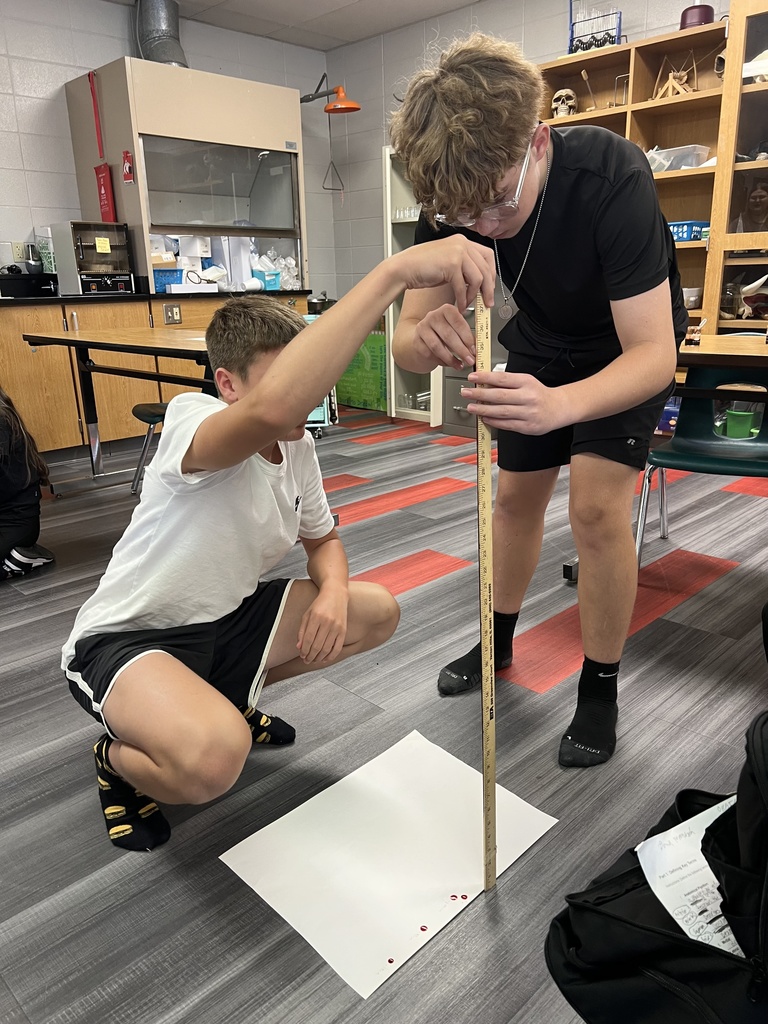 Students on the floor, measuring drops with a yard stick