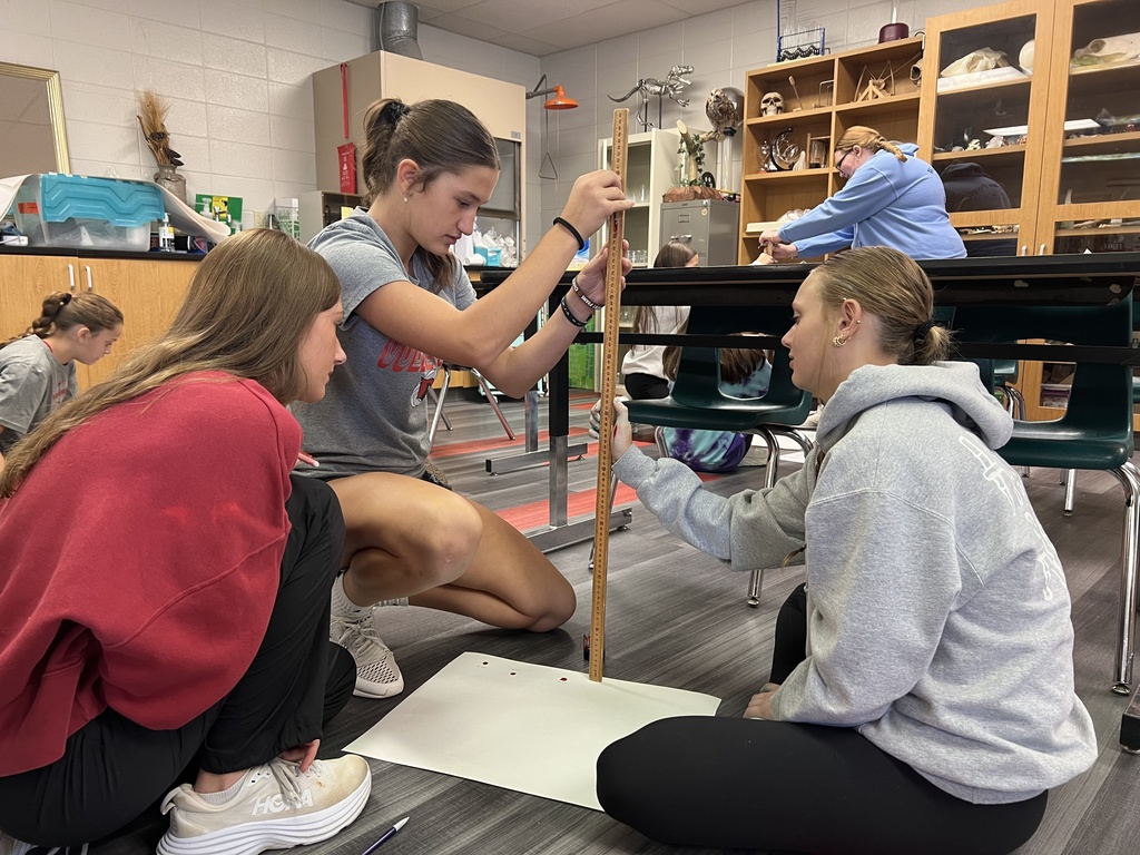 Students on the floor, measuring drops with a yard stick