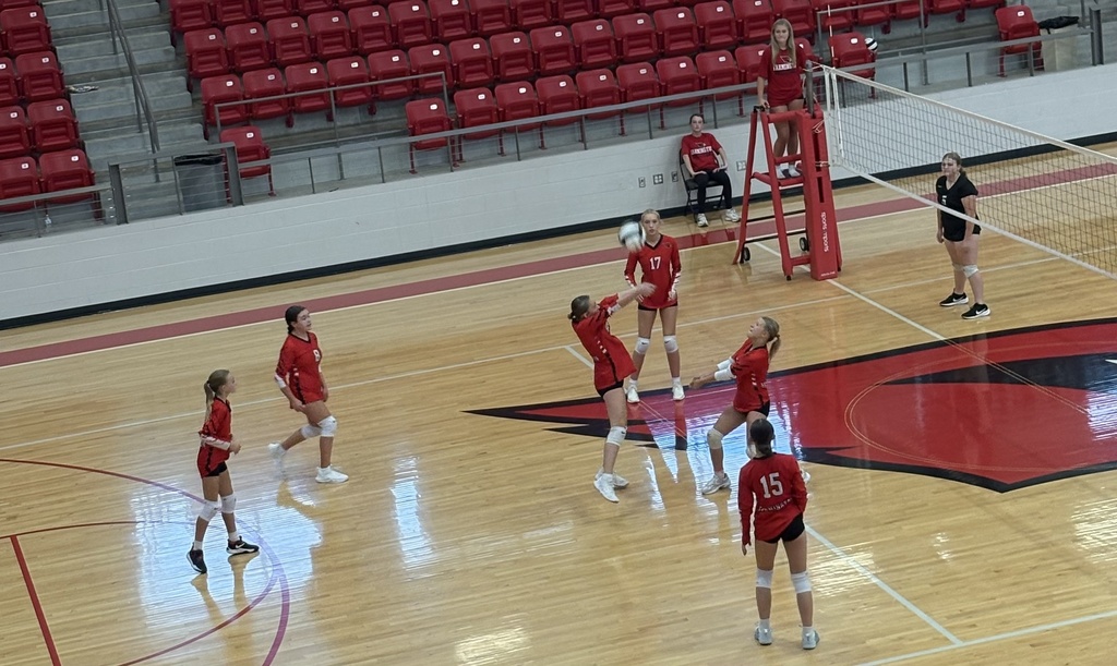 Volleyball players hit the ball