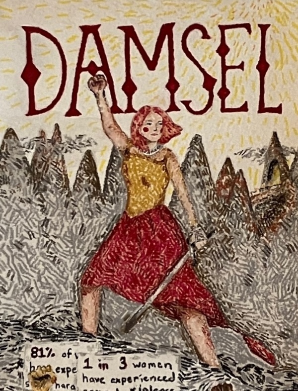 picture of the artwork (woman standing on a hill with a sword)