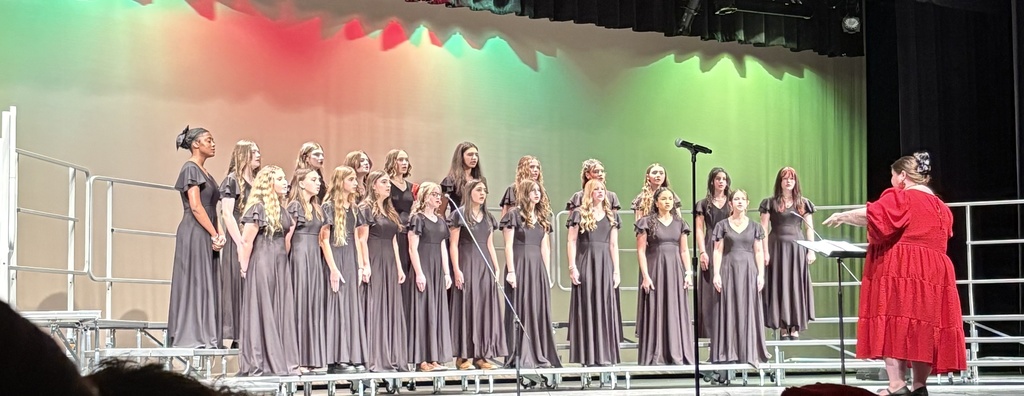 Members of the Jr. High choir on stage performing at a concert
