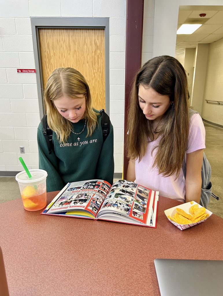 Students looking at yearbook