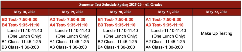 FJHS Testing Schedule