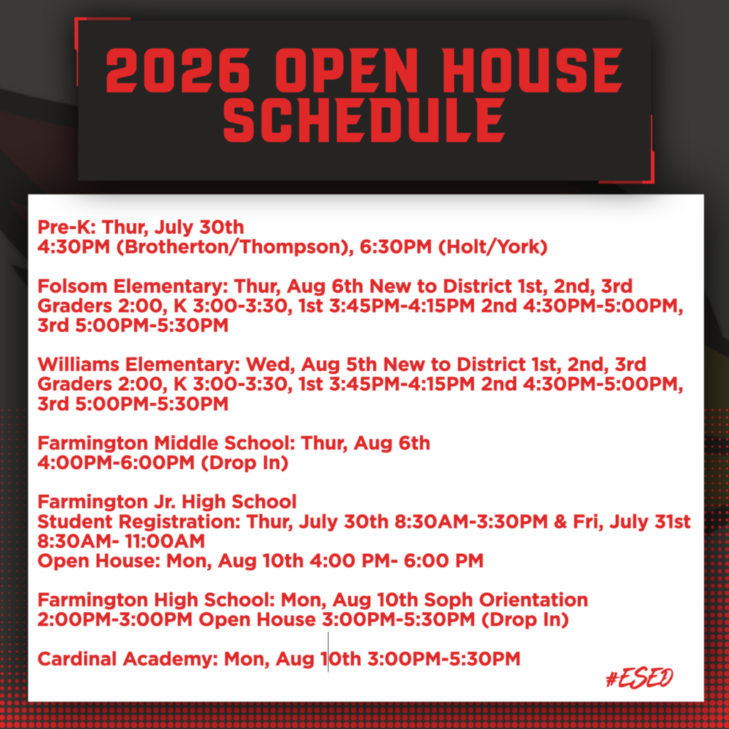 Schedule for 2026 open house events at various schools and academies, including dates and times.