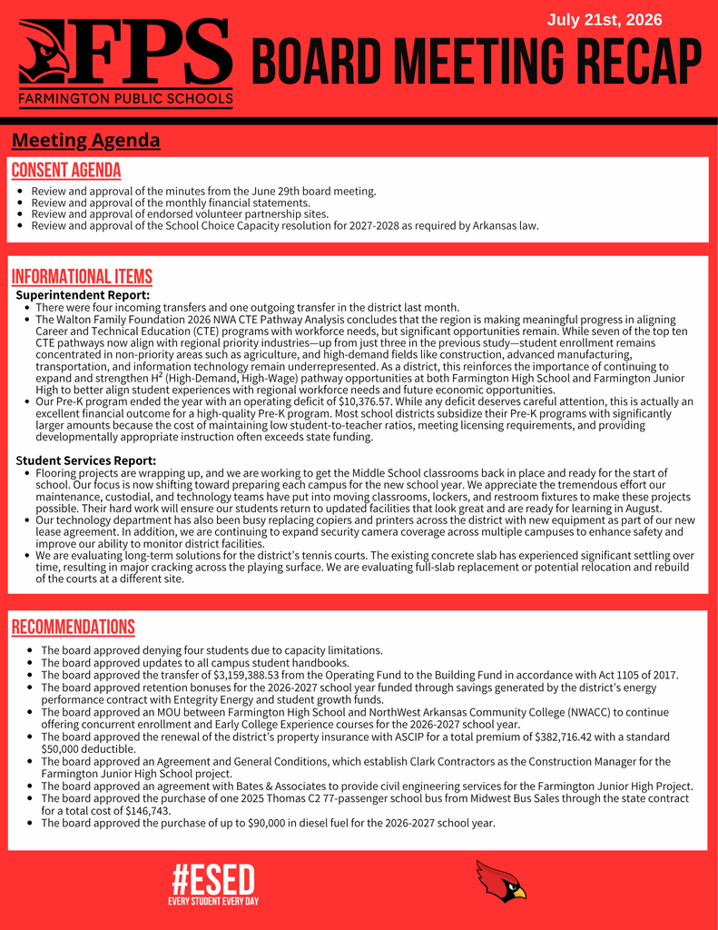 Document titled "FBS Board Meeting Recap July 21st, 2020" includes sections on Consent Agenda, Informational Items, and Recommendations. Text is organized into bullet points.
