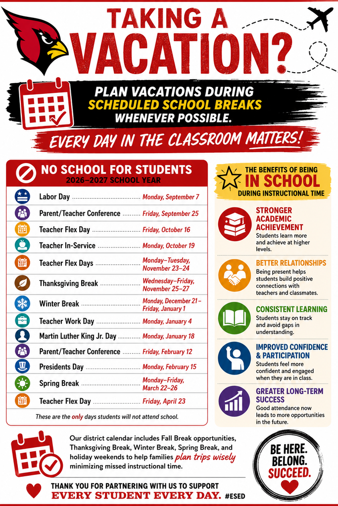 An infographic lists school calendar dates from September 2026 to June 2027, highlighting scheduled breaks and events.
