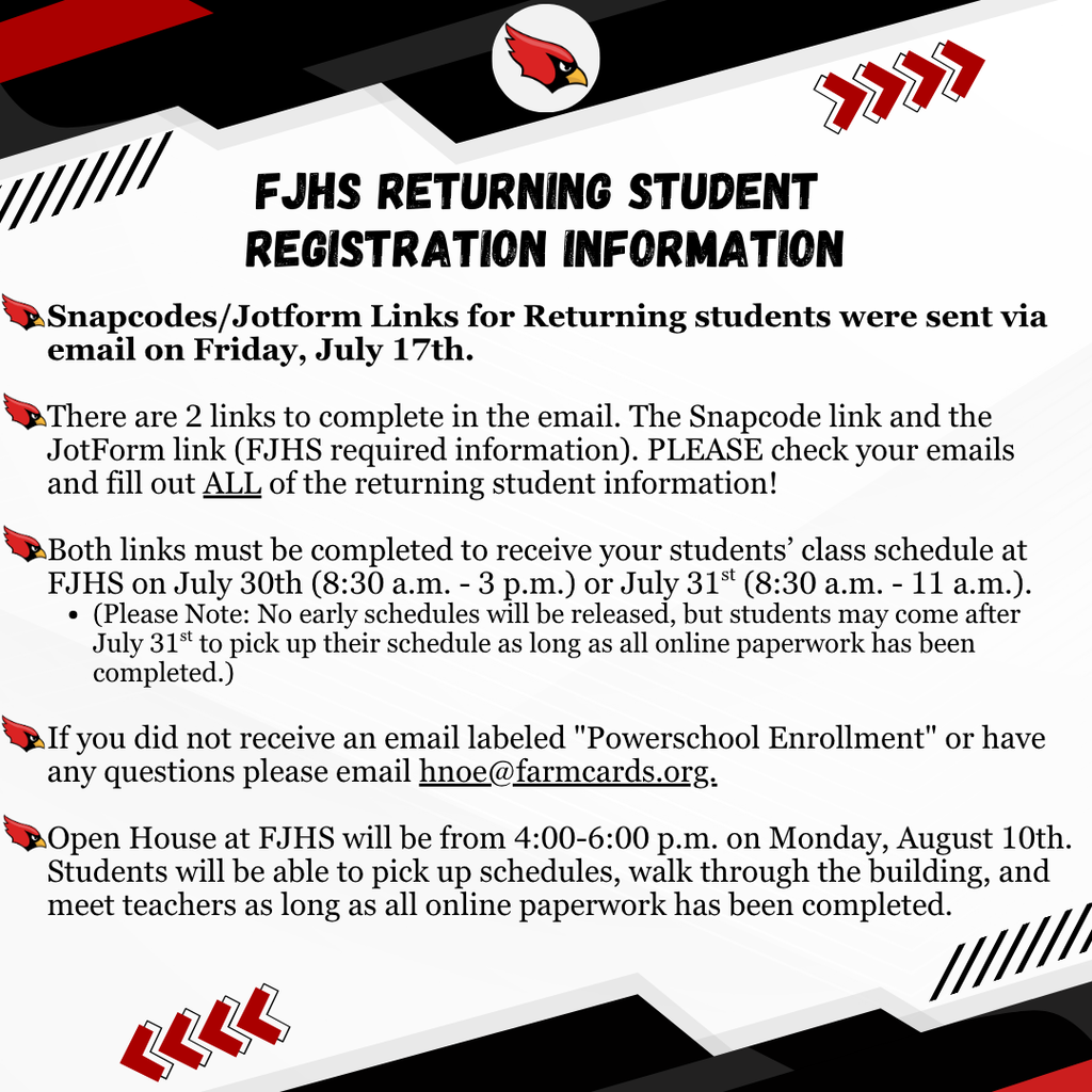 A white and black background with red text and icons. It includes information about returning student registration.