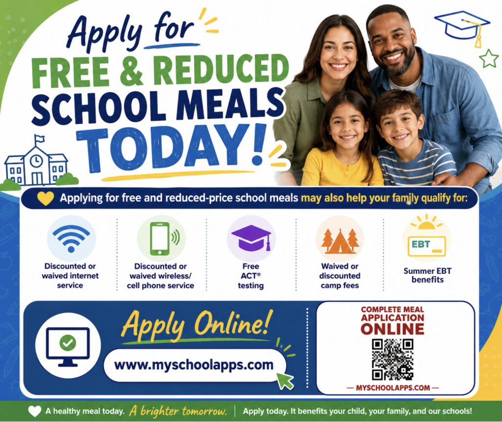 Poster with a family of four and text "Apply for Free & Reduced School Meals Today!" and "Apply Online!"