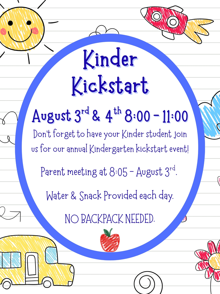 An invitation for a Kindergarten Kickoff event on August 3 and 4, 8:00-11:00, with a parent meeting on August 3 at 8:05.