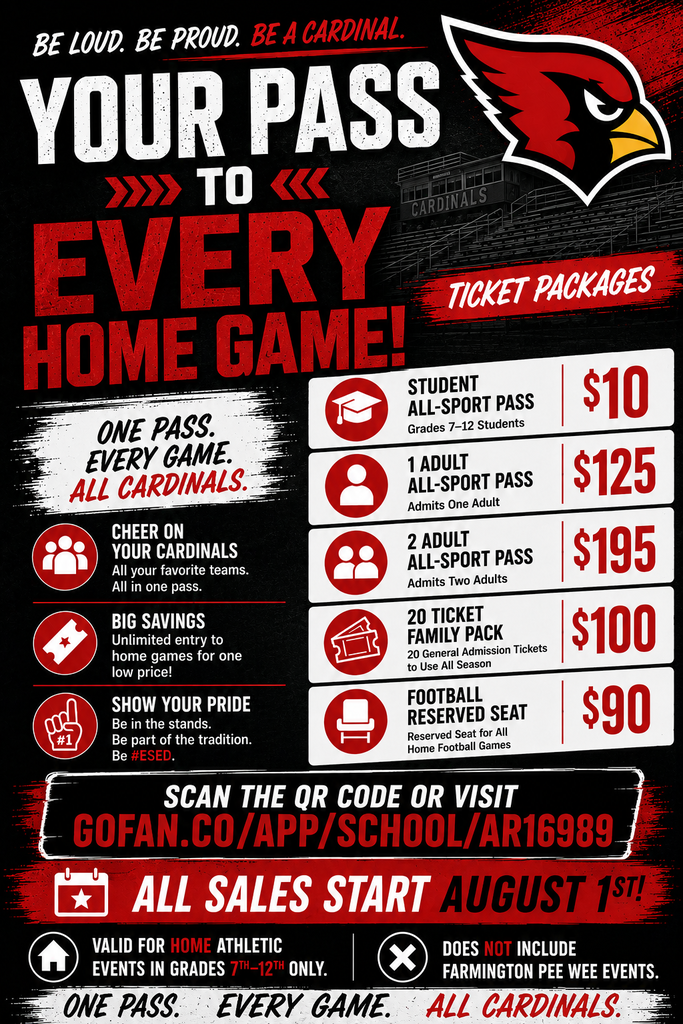 A red, white, and black poster offers ticket packages for home games. Options include student, adult, and family passes.
