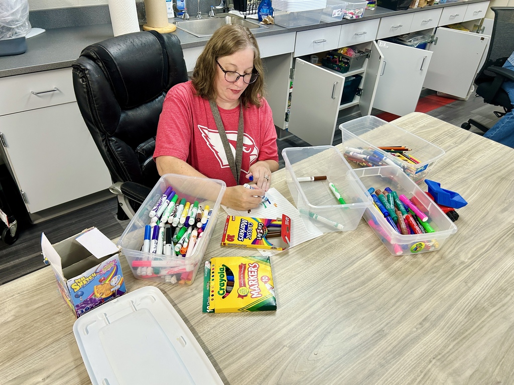 Person in pink shirt sits at a desk surrounded by bins of crayons and markers.