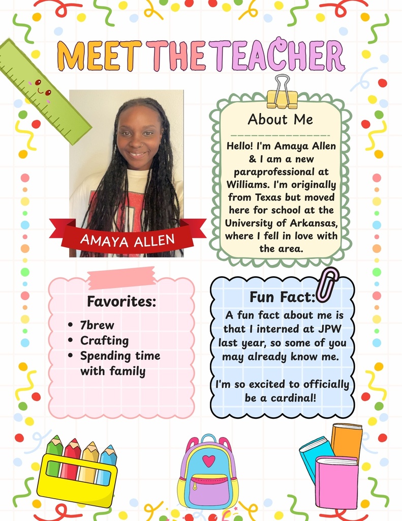 Colorful, patterned page with "Meet the Teacher" title. A smiling woman named Amaya Allen. Text about her being a paraprofessional and her favorite activities.