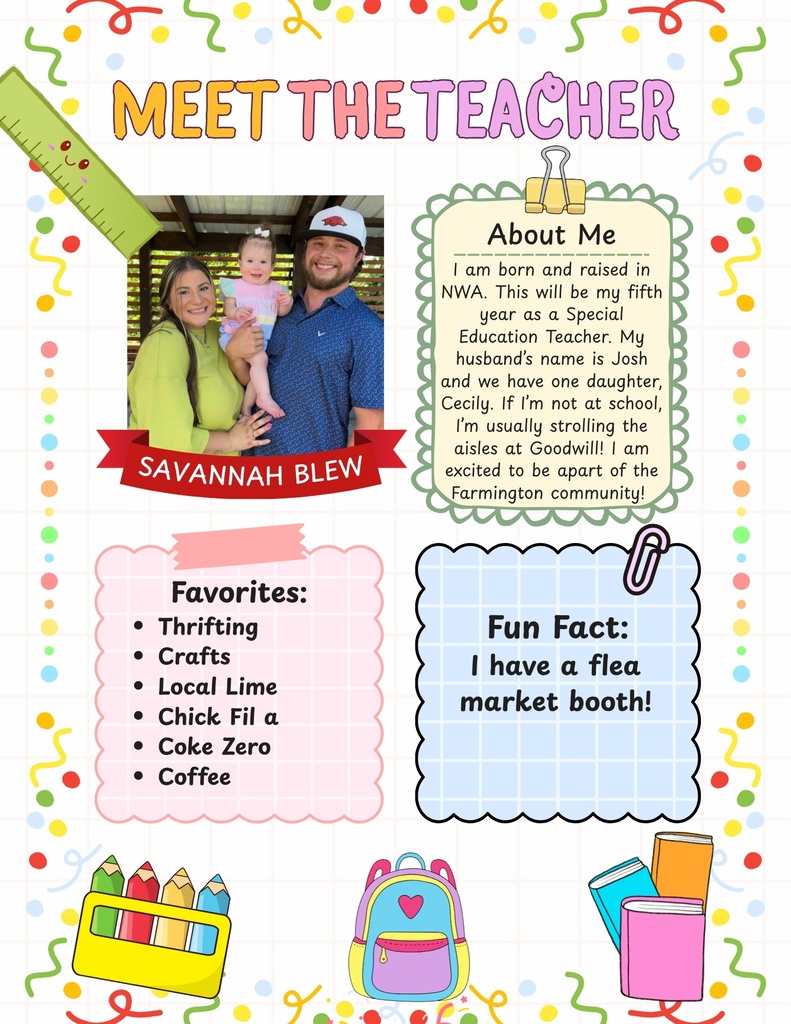 Teacher's profile with a family photo, text, and icons, featuring a ruler, scissors, and a backpack.