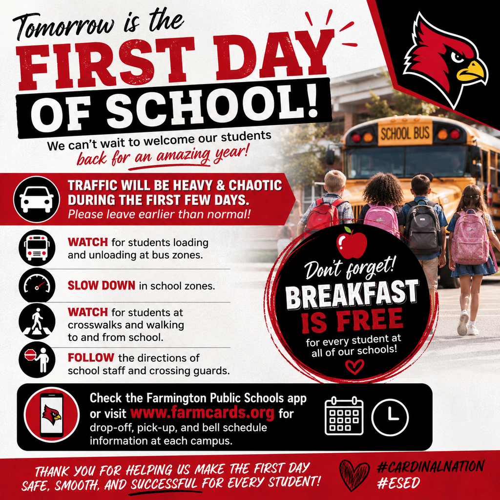 A flyer featuring a school bus with children walking in the foreground, safety instructions, and a breakfast announcement.