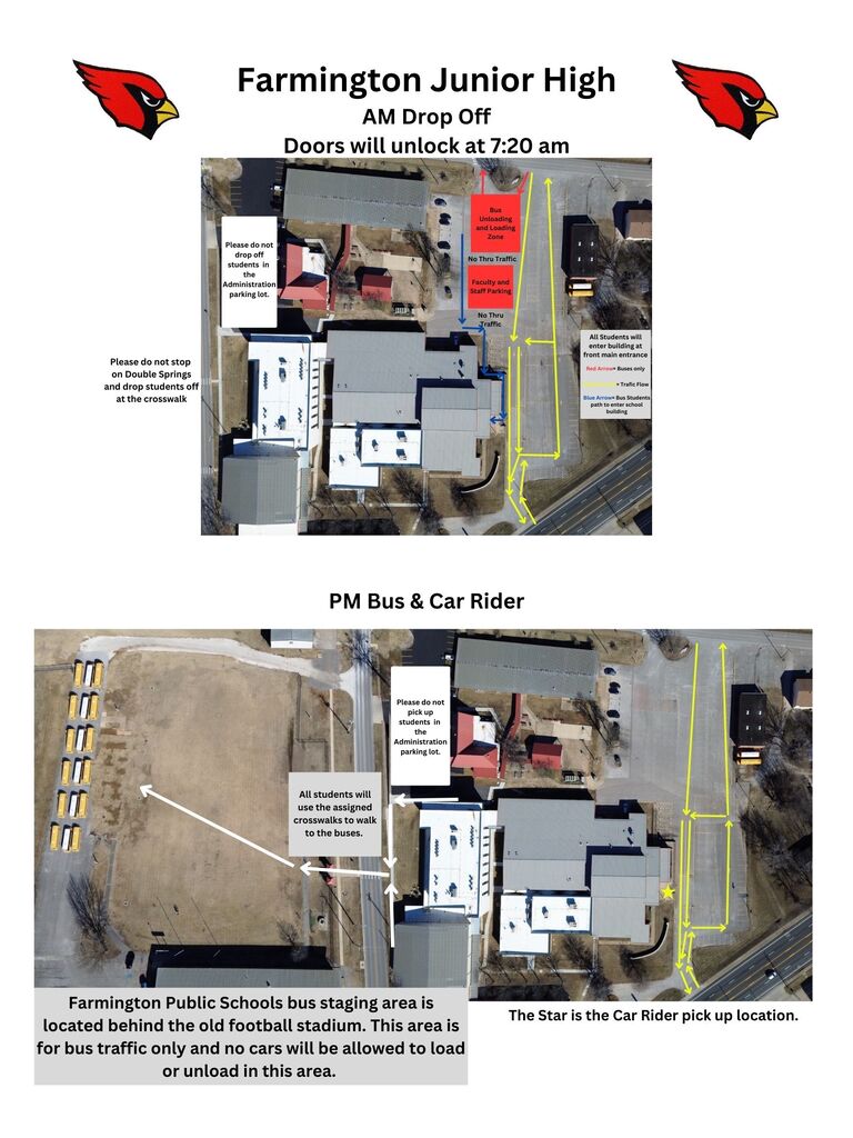 A map of Farmington Junior High school with drop-off and car rider pick-up areas highlighted. The main entrance and the football stadium are visible.